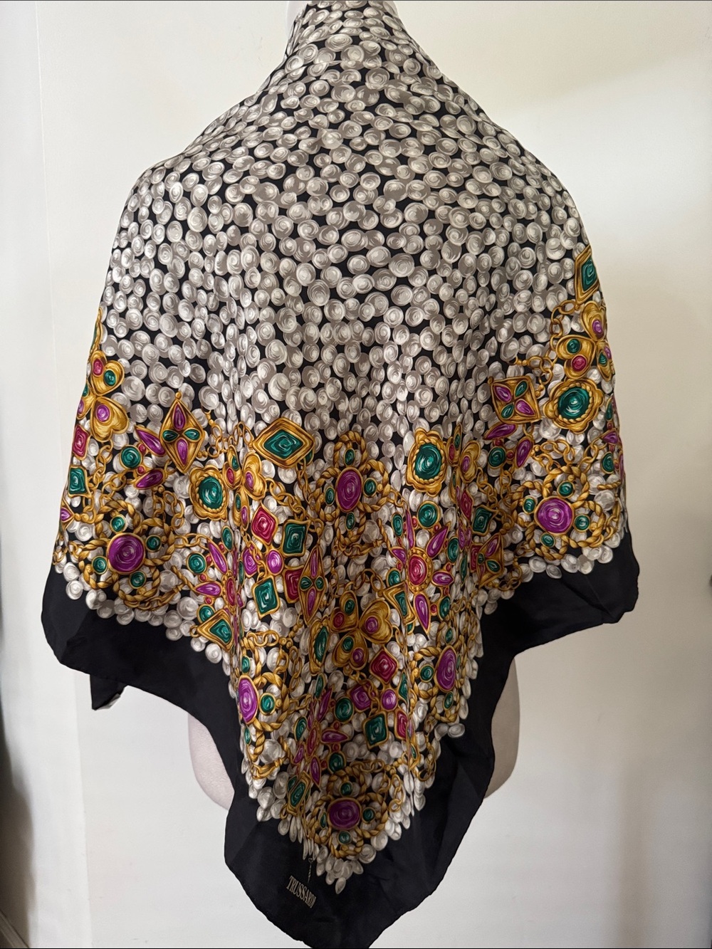 Trussardi silk scarf black border pearls and colorful gems purple green gold